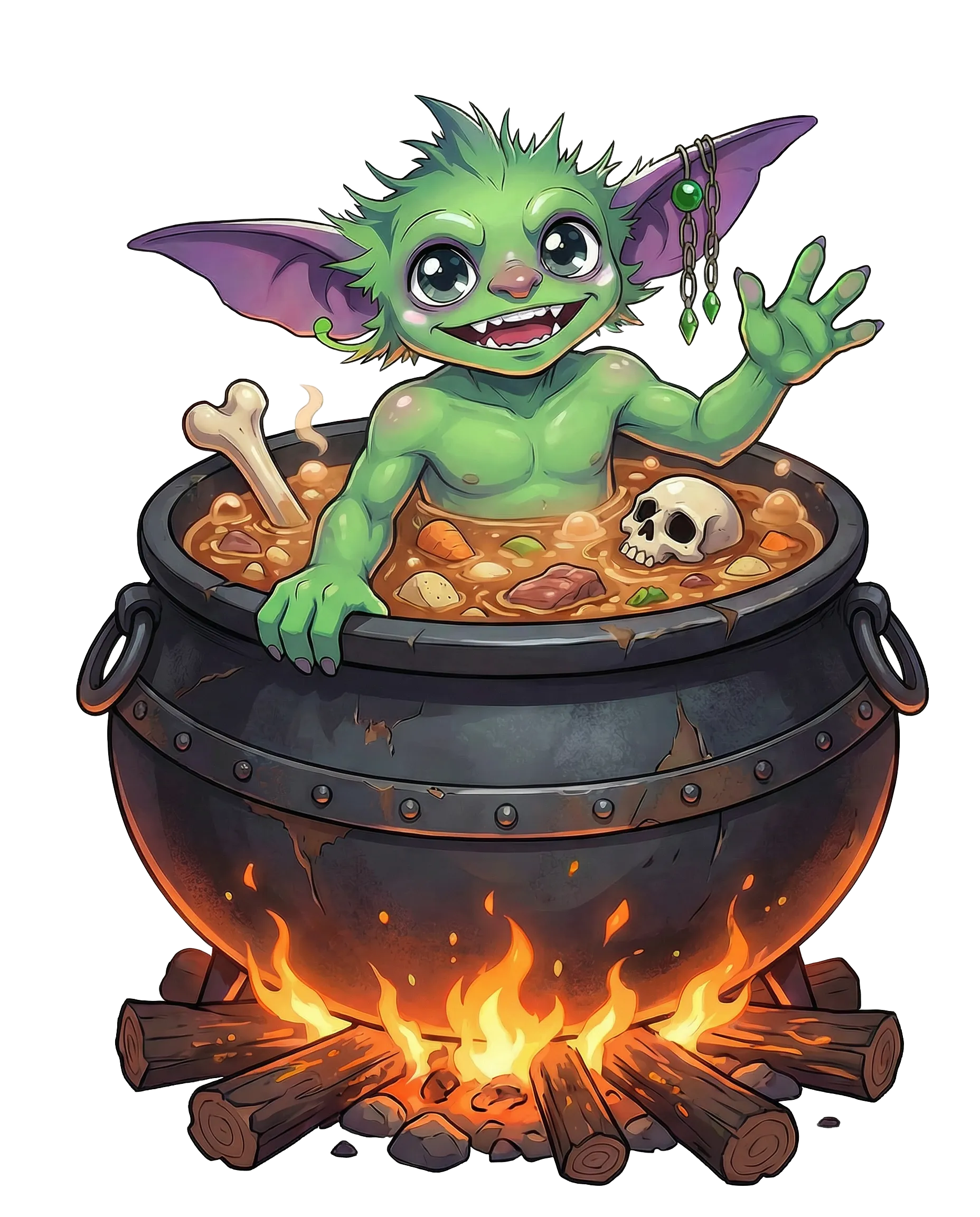 Nutt the goblin in a cauldron of stew