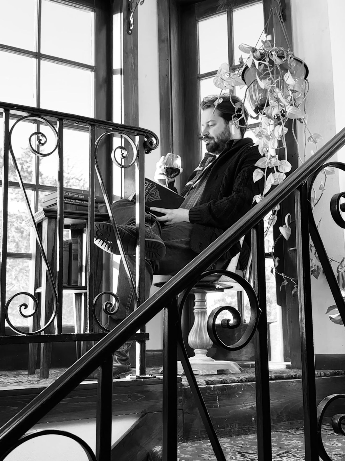 Sean reading with wine